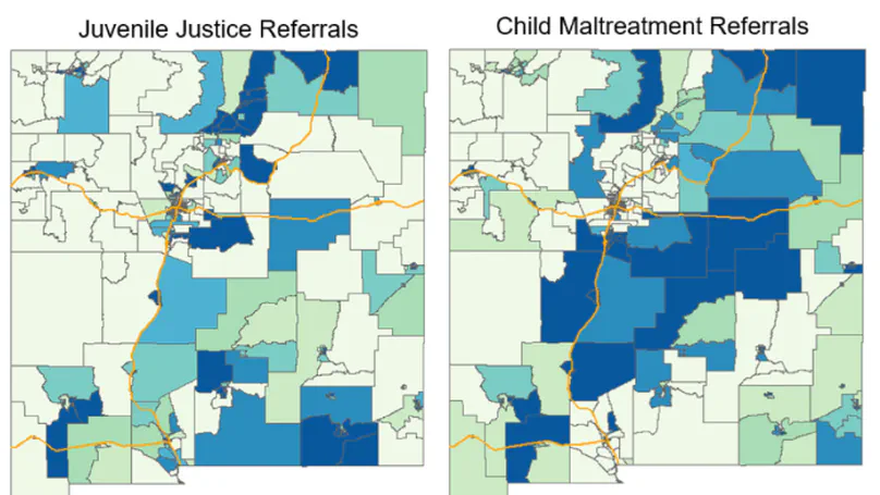 An examination of the effect of area-level characteristics on juvenile justice and child welfare referrals using multivariate Bayesian spatial modeling