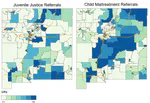 An examination of the effect of area-level characteristics on juvenile justice and child welfare referrals using multivariate Bayesian spatial modeling